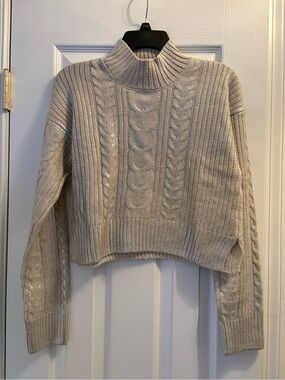 Every Cable-Knit Mock Neck Sweater - Cream and Mettalic